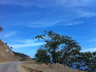 Winding Mountain Road with Trees and Blue Sky – A Serene Landscape of Rocky Terrain and Natural Contrasts