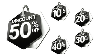 3D Black Discount Labels Badge 10 20 30 40 50 Percent Off with Transparent Background for Ramadhan, christmas and other event sale