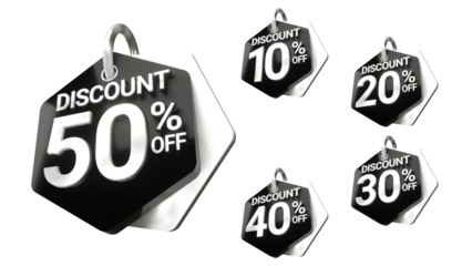 3D Black Discount Labels Badge 10 20 30 40 50 Percent Off with Transparent Background for Ramadhan, christmas and other event sale