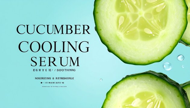 Cucumber slices, light teal background, skincare serum