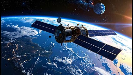 Orbital perspective: A satellite monitors Earth from space, showcasing global observation and - Powered by Adobe