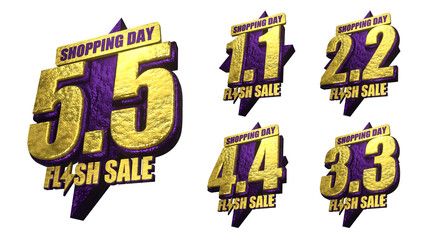 3d purple elegant shopping day 1.1 2.2 3.3 4.4 5.5 promotion sign icon badge isolated