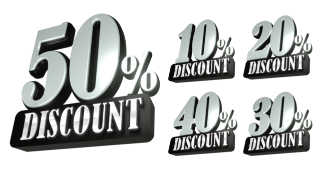 3D Black Discount Labels Badge 10 20 30 40 50 Percent Off with Transparent Background for Ramadhan, christmas and other event sale