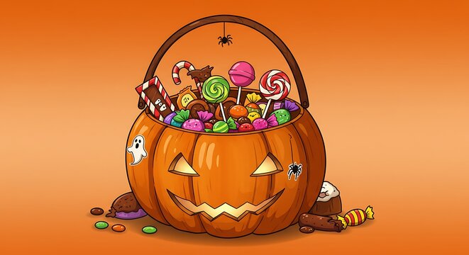 Festive halloween pumpkin basket overflowing with colorful candies and sweets