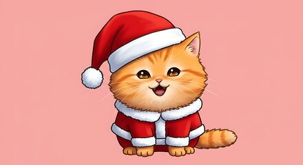 Charming cartoon kitten in holiday attire against a pastel background
