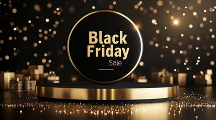 Black friday sale display with gold accents and gift boxes on a dark bokeh background for promotions