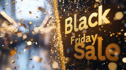 Golden black friday sale text with confetti falling on a dark background for promotion event