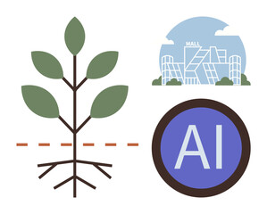 Young plant with roots, modern shopping mall structure, and AI concept in flat design. Ideal for sustainability, innovation, technology, growth, urban planning, AI concepts and future development