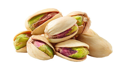 a set of unbleached pistachio nuts isolated on a white background