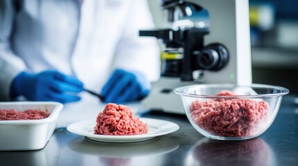 A laboratory setting showcasing raw ground meat samples on plates, with a microscope, indicating scientific analysis of food.