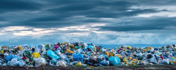 A vast landfill site overflowing with colorful plastic waste under a cloudy sky, highlighting environmental pollution and waste management issues.