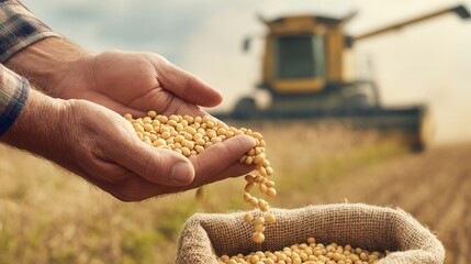 A farmer holds soybeans in hand, with a combine harvester in the background, symbolizing agriculture and harvest.