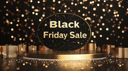 Black friday sale sign on gold platform with gifts and bokeh lights in the background