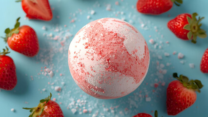 Strawberry Scented bath bomb for spa day on blue background with salts and berries, ai