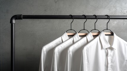 A minimalist display of neatly hung white shirts on a black metal rack against a textured gray wall.