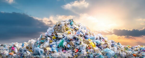 A large mound of plastic waste against a dramatic sky, highlighting environmental pollution and the impact of waste on our planet.