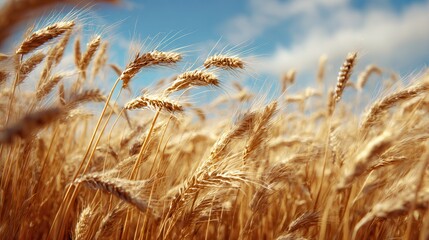A golden field of wheat sways gently under a blue sky, showcasing the beauty of agriculture and nature.