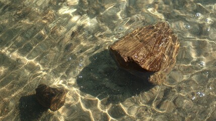 Clear water reflects sunlight over submerged rocks, creating a tranquil and serene natural scene.
