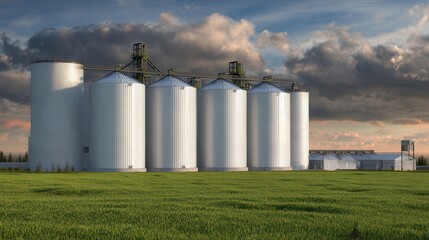 A row of tall, cylindrical silos stands against a dramatic sky, surrounded by lush green fields, depicting a modern agricultural landscape.