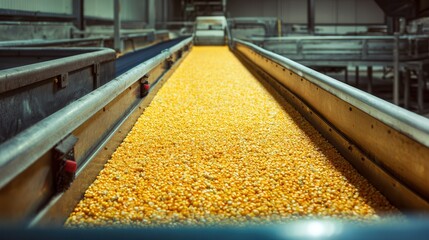 A conveyor belt transporting yellow corn kernels in a processing facility, showcasing industrial agriculture operations.