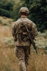 A soldier in military camouflage walks through a grassy field, equipped with tactical gear and a firearm, blending into the natural surroundings.