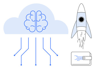 Brain-cloud connector symbolizing AI and computing, a rocket illustrating innovation, and a digital wallet for technology and finance. Ideal for tech innovation, AI, cloud computing, fintech