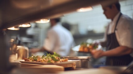 A bustling kitchen scene with chefs preparing and plating dishes, showcasing culinary artistry and teamwork in a vibrant restaurant environment.
