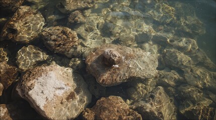 A serene underwater scene featuring various textured rocks submerged in clear water, with sunlight creating reflections and patterns on the surface.