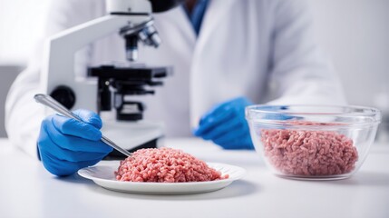 A lab technician examines ground meat under a microscope, highlighting food safety and quality control in a sterile environment.