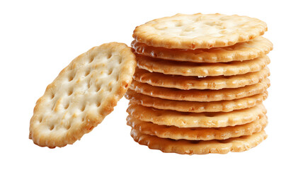 A stack of golden-brown crackers with a single cracker leaning against the pile, showcasing their crisp texture and round shape.