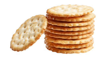 A stack of golden-brown crackers with a single cracker leaning against the pile, showcasing their crisp texture and round shape.