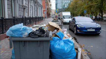 A street scene featuring overflowing garbage bins and blue trash bags, with a parked car in the background.