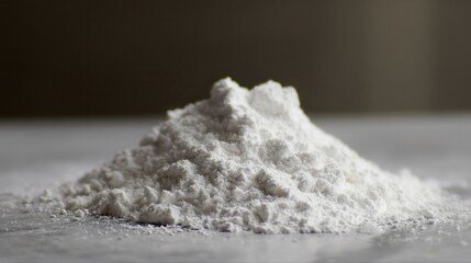A close-up view of a fine, white powdery substance, likely flour, arranged in a small mound on a surface.