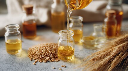 A collection of glass bottles filled with golden oil, surrounded by wheat grains, capturing the essence of natural ingredients.