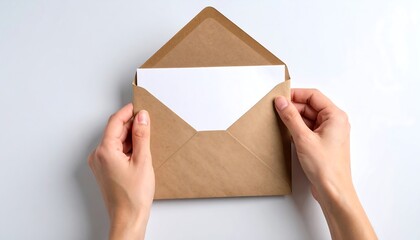 Obraz premium Hands holding a blank letter in a kraft envelope