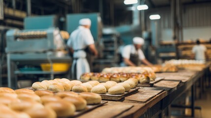 A busy bakery with bakers preparing fresh bread rolls on wooden tables, showcasing the art of baking in a warm, industrial setting.
