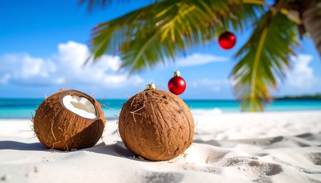Tropical Christmas scene coconuts on a white sand beach with red ornaments hanging from a palm tree