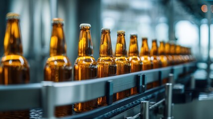 A row of amber beer bottles on a conveyor belt, showcasing a well-organized production line in a beverage manufacturing facility.