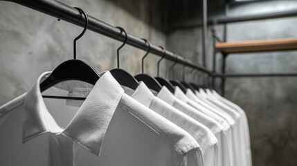 A minimalist display of neatly hung white shirts on black hangers against a textured concrete wall, highlighting simplicity and fashion organization.