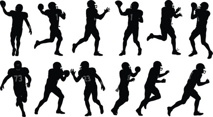 American football player silhouettes, sports action poses, athletic movement, team sport, dynamic stances, competitive energy, black figures, isolated background
