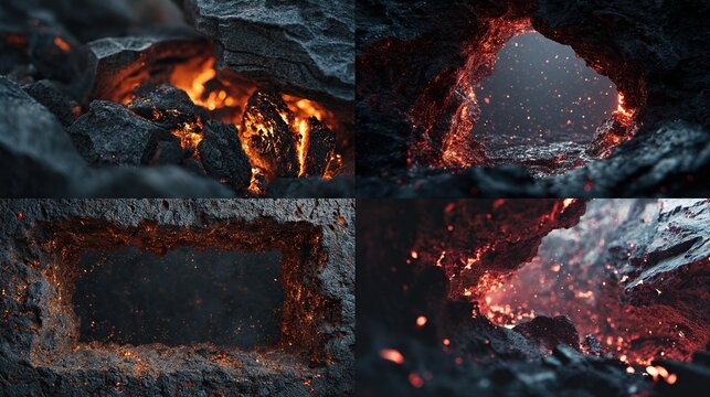 Volcanic Landscapes Four scenes of dark stone formations with glowing magma interiors.