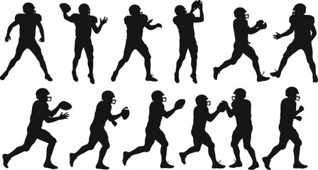 American football player silhouette set, helmet action poses, running, catching, throwing, blocking, sports vector, black graphic illustration