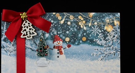 Festive holiday scene with snowman and bow winter decoration concept