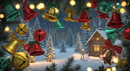 Festive holiday scene with bells and snowy cabin in winter landscape