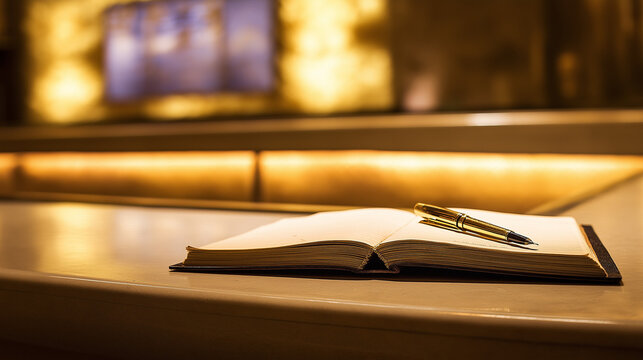 guestbook. Open leather-bound guestbook on a counter with a fountain pen, classic and elegant. lifestyle magazines, social media lookbooks, designed for lifestyle magazines and social media content.