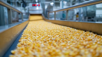 A conveyor belt transports bright yellow corn kernels through a food processing facility, highlighting industrial efficiency and agricultural production.