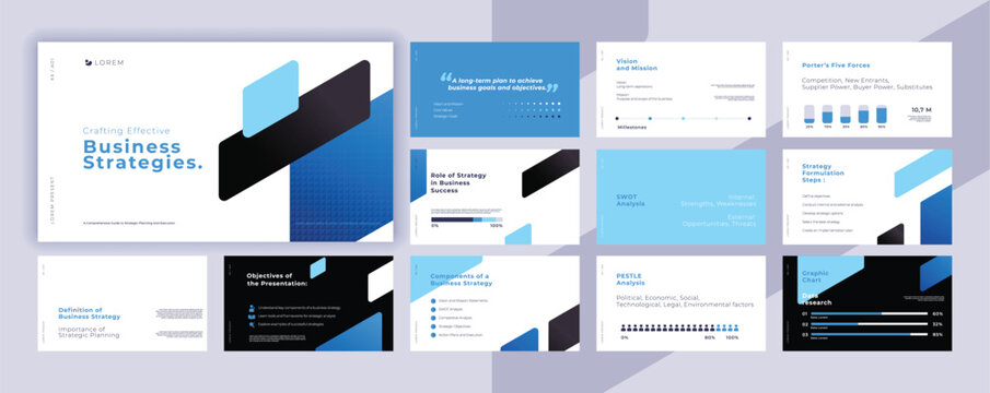 Abstract blue powerpoint presentation templates set, blue color identity presentation background, banner template, brochure, landing page, company profile, business design package set.