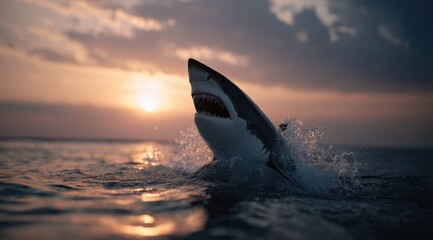 Shark leaping from ocean at golden sunset