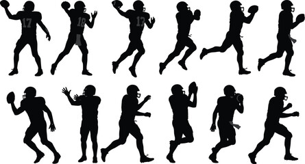 American football quarterback silhouette collection, throwing poses, helmet uniform action, sports illustration, black vector athlete, isolated white background