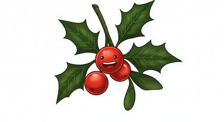 Festive holly illustration with smiling berries and green leaves isolated